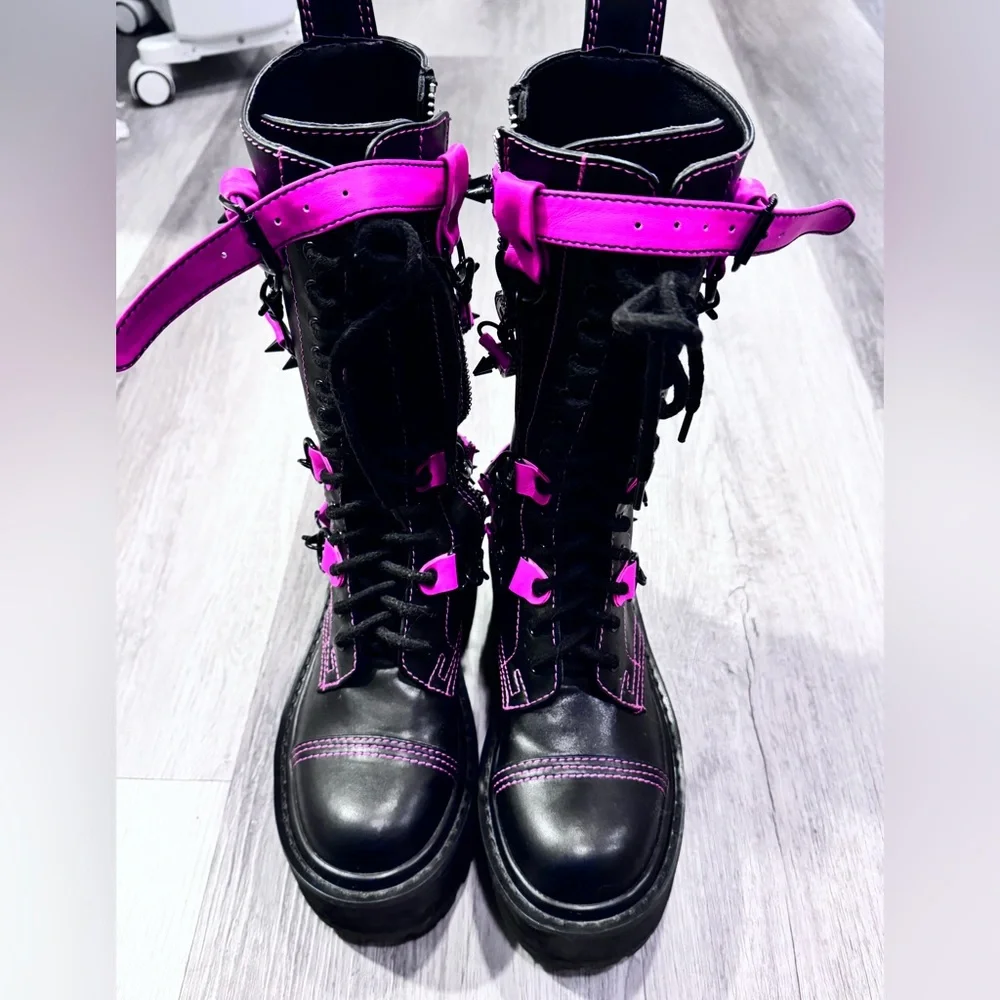 Dolls Kill Black and Pink Combat Boots - Picture 3 of 8